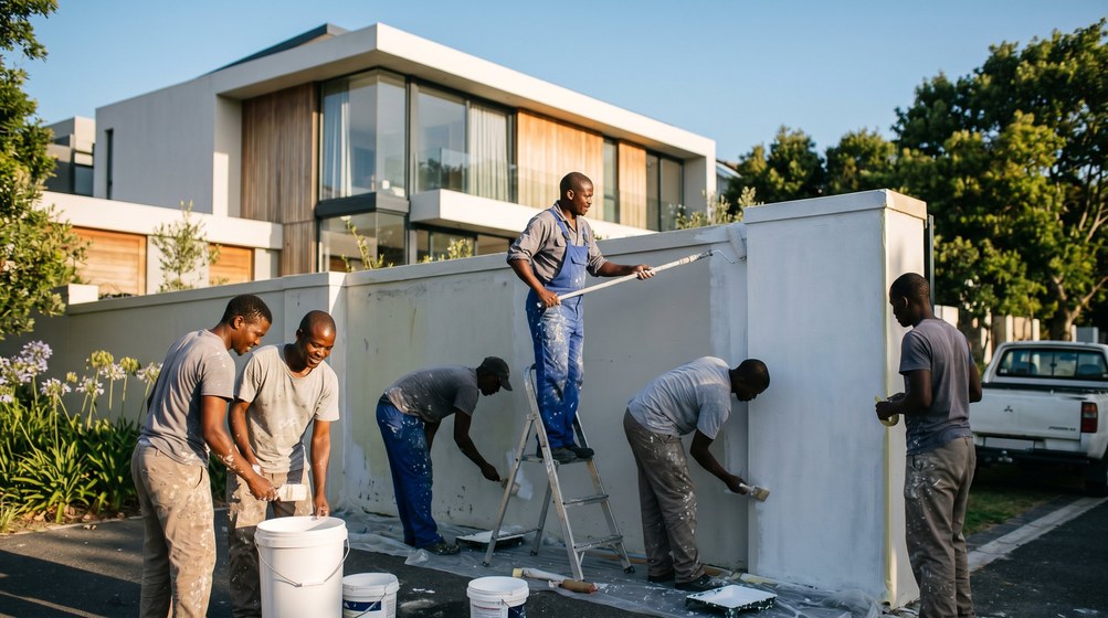 Professional team painting a boundary wall at a modern home in Llandudno