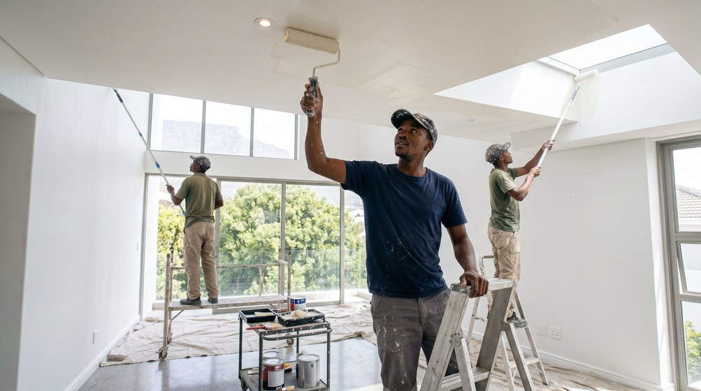 Professional ceiling painters rolling white paint onto a high ceiling in Llandudno