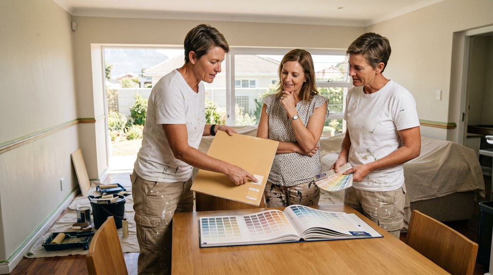 Professional colour consultant showing paint swatches to a homeowner in Llandudno