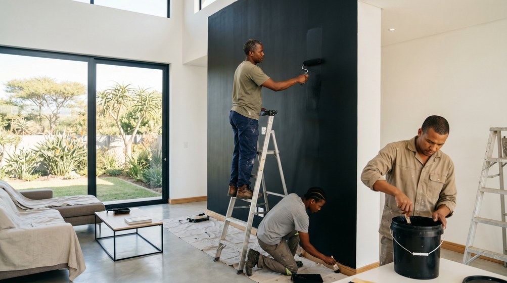 Professional painters creating a bold black feature wall in a modern Llandudno home