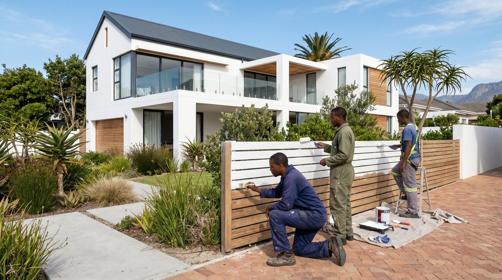 Professional fence painters painting a wooden fence at a coastal home in Llandudno