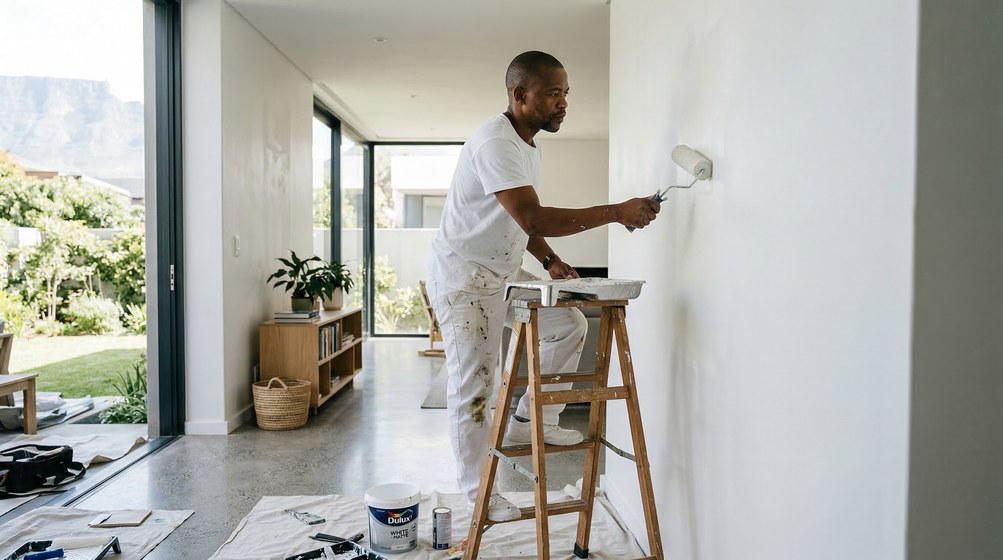 Professional interior painter in Llandudno painting walls with a roller