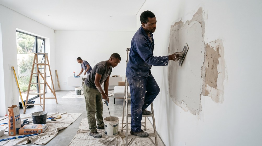 Professional plaster repair team skim coating damaged walls in Llandudno
