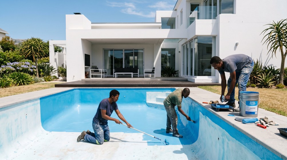 Professional pool painters applying blue pool paint to a swimming pool in Llandudno