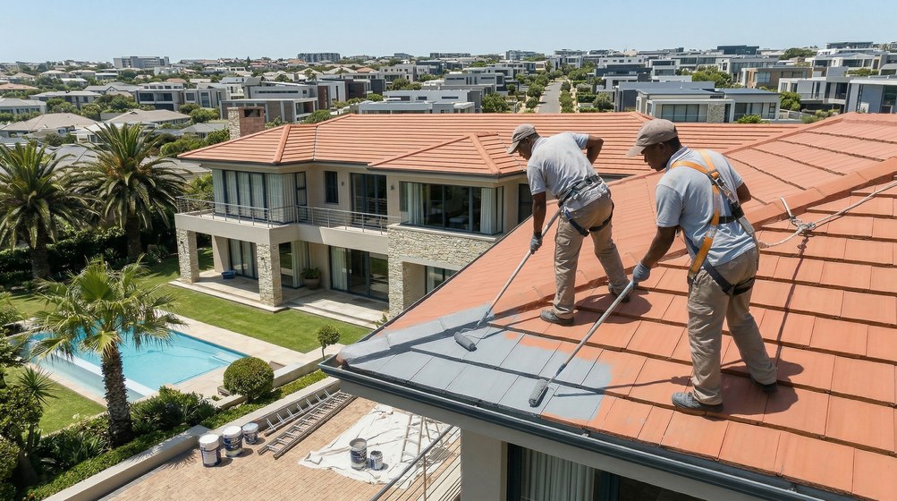 Professional roof painters applying waterproof coating to tiled roof in Llandudno