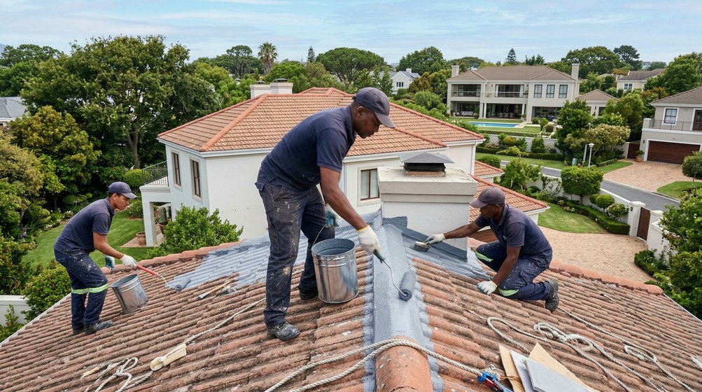 Professional waterproofing team applying membrane to roof in Llandudno