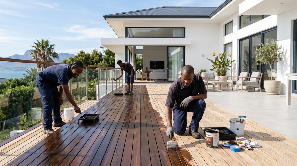 Professional wood staining team applying deck stain overlooking the ocean in Llandudno